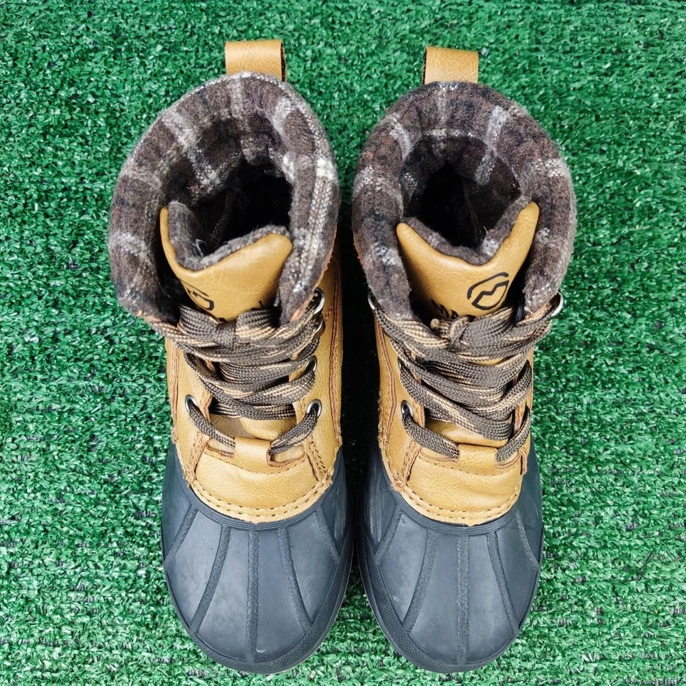 Magellan Duck Boots Boys 12D Tan Black Plaid Collar Lace Up Winter Rain Boots